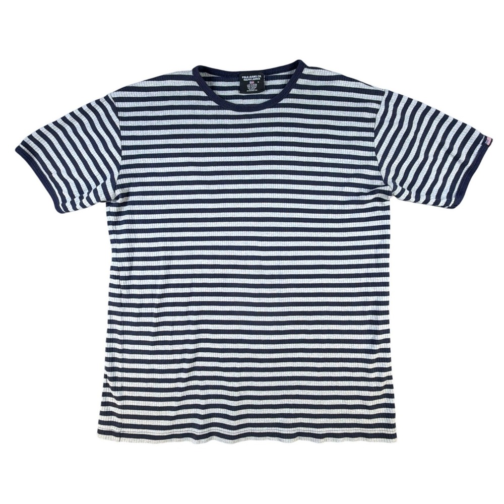 Polo Ralph Lauren Vintage Ribbed Striped Ringer T-Shirt Navy Grey Medium
